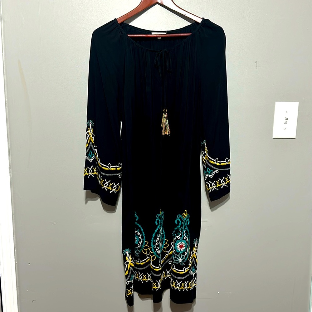 Kate & Sam Boho Dress, Embroidered, 3/4 Sleeves, Knee Length, Tassels, Large